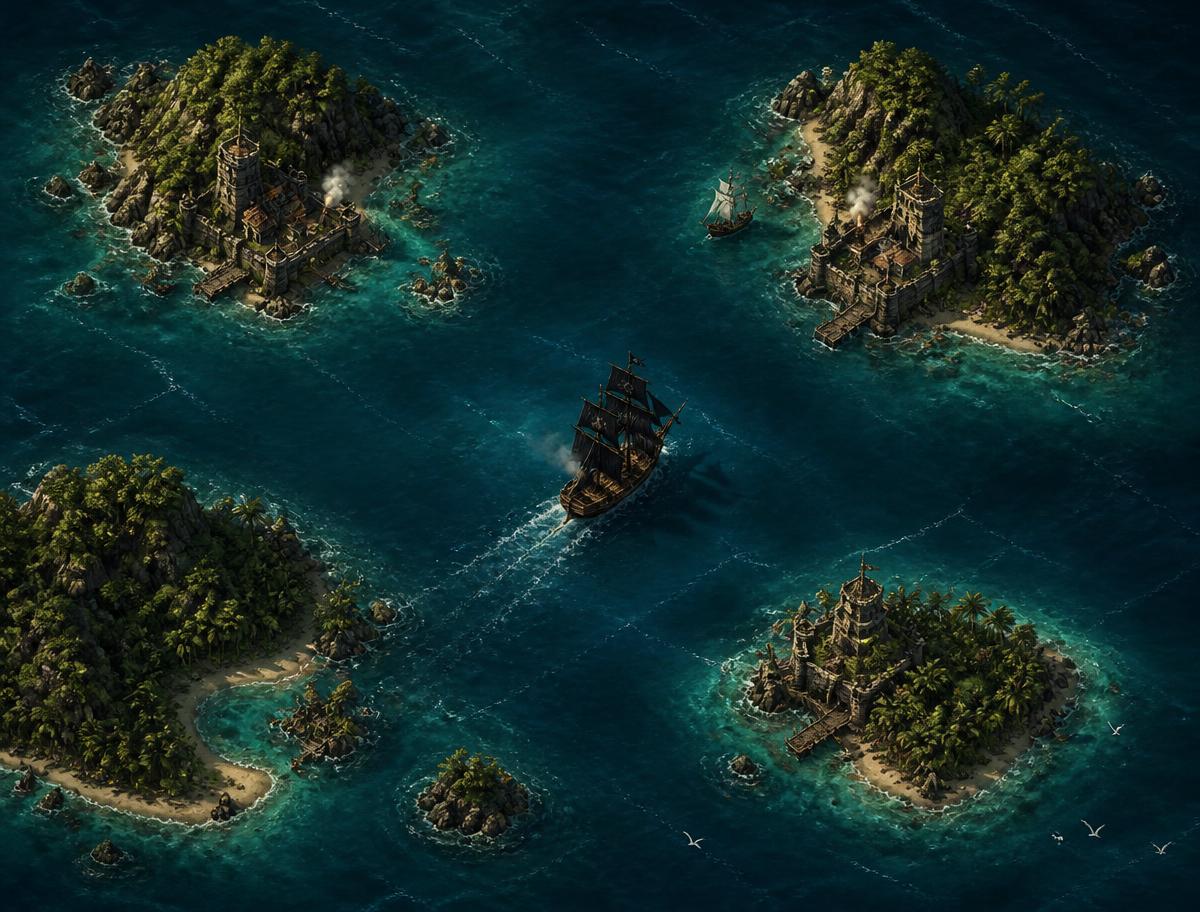 Navio pirata navegando entre ilhas fortificadas em Mares Livres